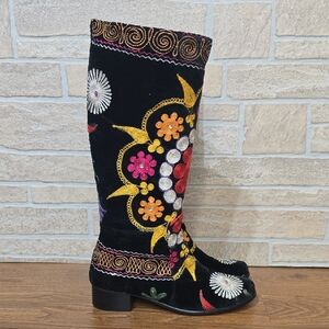Scarlet Black Velvet Embroidered Knee High Boots Folk Boho Leather Lined
